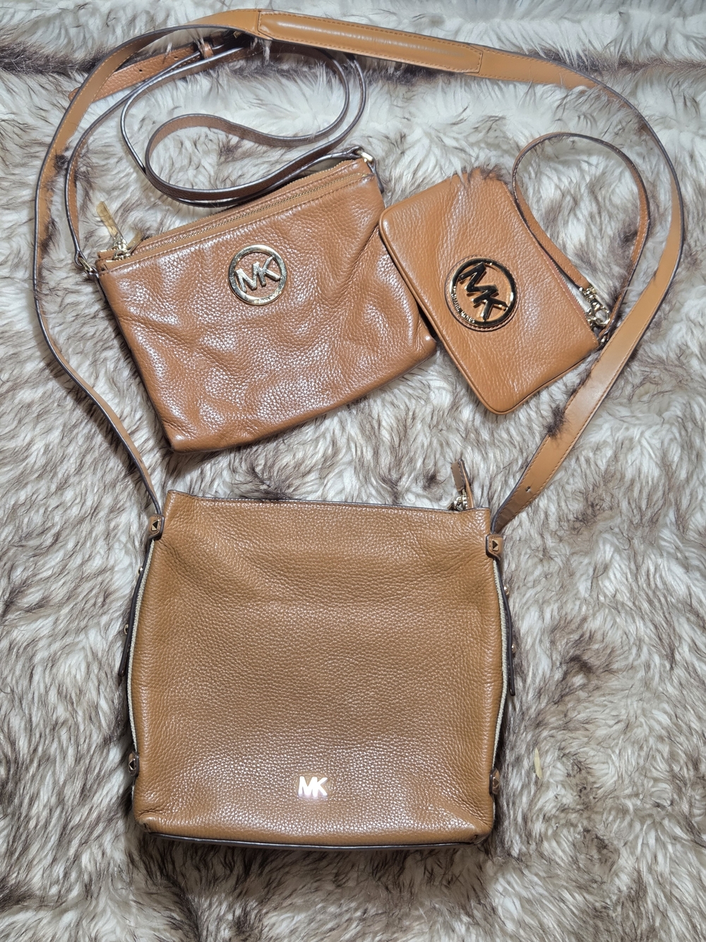 Michael Kors Tan Leather Bag Bundle Trio - MK Signature Set
